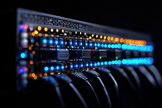 Server Rack Datacenter Blinking Blue LED Lights Technology Network Infrastructure Digital Communication System Hardware Cables - Powered by Adobe