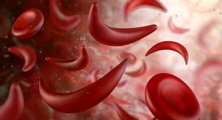 Sickle cell anemia. Deformed red blood cells within the bloodstream. The cells are crescent-shaped, obstructing blood flow and oxygen delivery through small blood vessels. Medical scientific 3D image