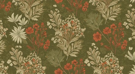 A botanical-inspired floral fabric pattern with muted tones of olive green, terracotta, and cream.