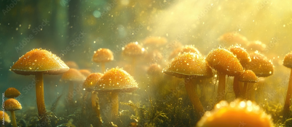 Poster mushroom forest background with water droplets and fog ideal for text overlay
