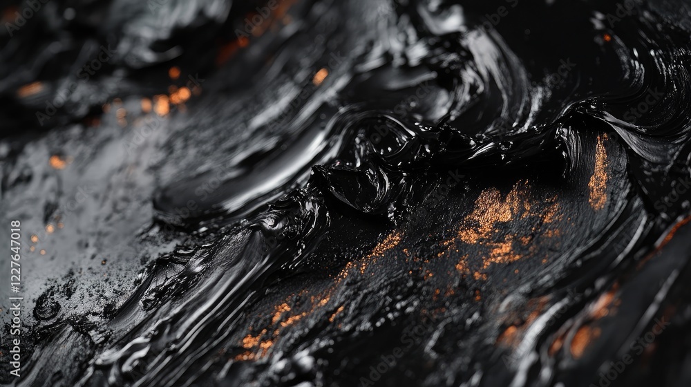 Poster intricate black paint texture featuring dynamic brush strokes and subtle golden highlights in a macr