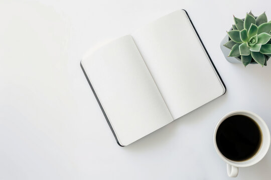 notebook pen plantpot coffee drink table desk workspace copyspace white arrangement cactus women girls writing read minimal modern