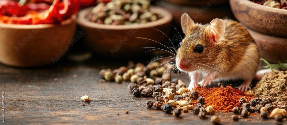 Aufkleber mouse exploring a rustic table adorned with a variety of vibrant spices and herbs creating an inviti