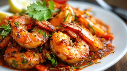 Vibrant Seafood Dish Featuring Spicy Shrimp Garnished with Fresh Herbs and Lemon on a Buffet Table