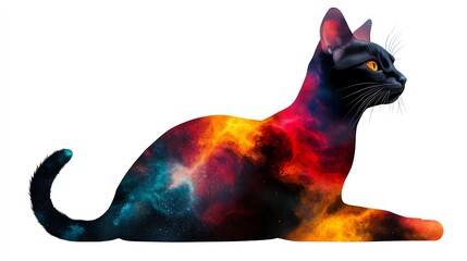 a Bengal cat with a glowing galaxy pattern on its fur, fantasyinspired surreal digital painting, isolated on white background