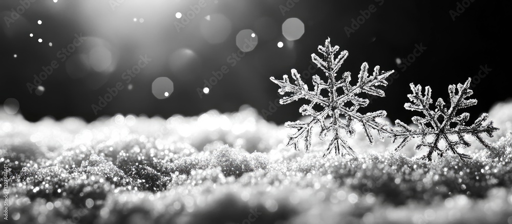 Poster monochrome winter landscape featuring snowflakes on soft snow with illuminated background and ample 
