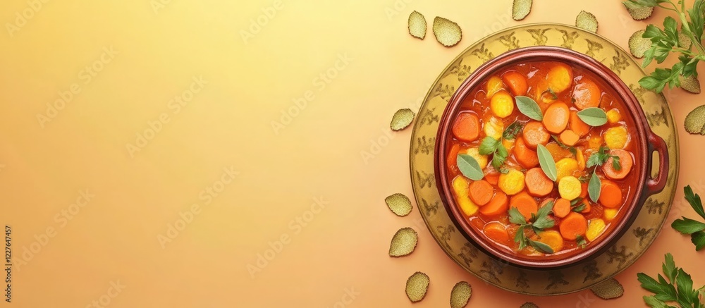 Poster moroccan tajine with carrots and herbs on a warm background with empty space for text or culinary ad