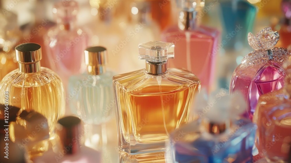 Poster Macro dolly shot highlighting an exquisite array of colorful perfume bottles in a soft-focus background for a luxurious aesthetic.