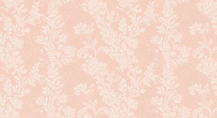 A lace-inspired floral fabric pattern with intricate flower and vine details in white on a soft blush-pink background.