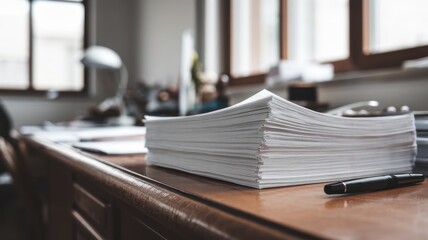 A stack of neatly organized papers rests on a wooden desk, with soft natural light filtering through large windows, creating a calm and focused atmosphere.