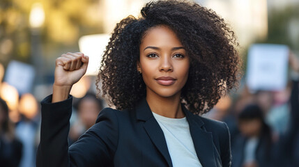 Obraz premium Portrait of successful African-American businesswoman in business suit, with raised fist on rally with people on the street