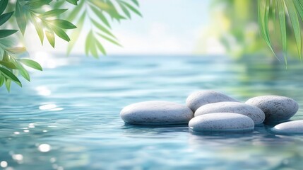 Tranquil natural scene featuring clear water and smooth stones surrounded by lush greenery and soft sunlight reflections.
