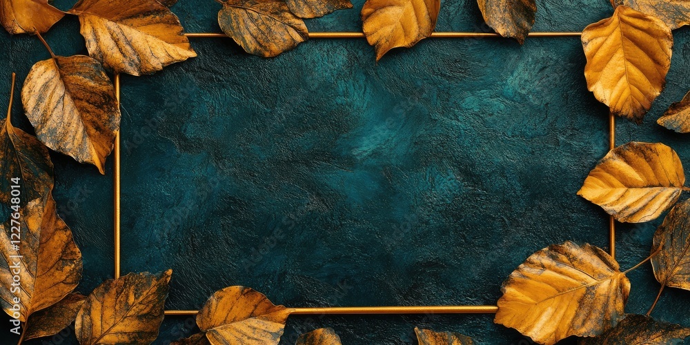 Aufkleber elegant textured green background with golden leaves framed by yellow borders providing ample empty 