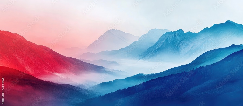 Poster colorful abstract landscape of mountains and valleys in blue and red hues with foggy clouds and ampl