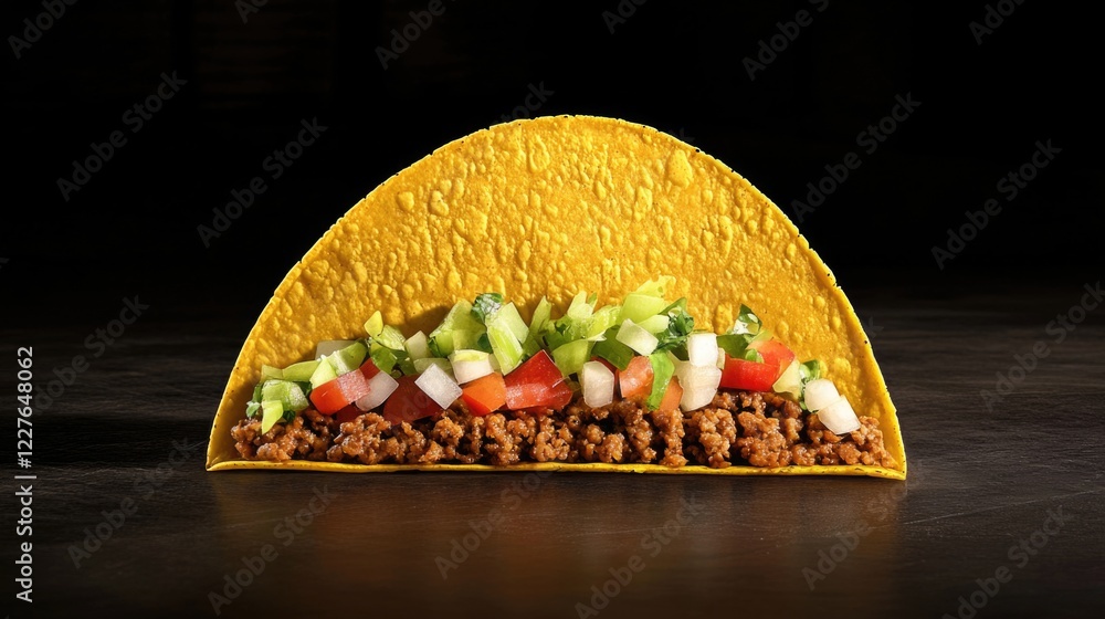 Poster large taco filled with ingredients showcasing empty space for text on a dark background ideal for pr