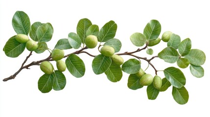 Obraz premium Macadamia nut branch with green leaves and unripe nuts isolated on white background for herbal or culinary purposes.