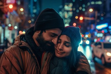 Portrait of a tender indian couple in their 30s wearing a lightweight packable anorak while standing against bustling city street at night