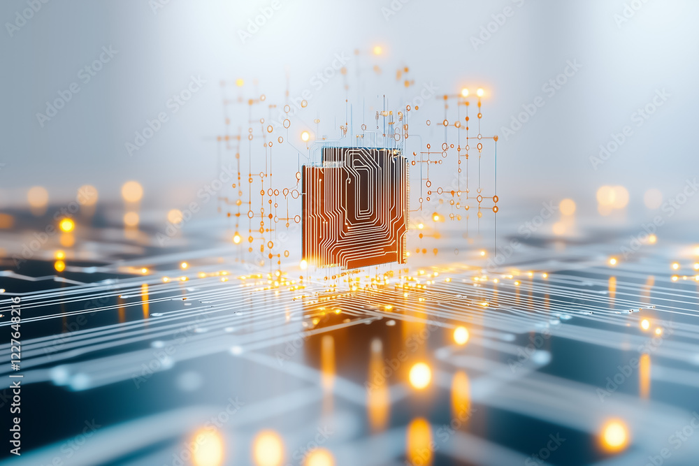 Aufkleber a minimal circuit board fragment emits a soft glow on a white surface, revealing intricate designs. 