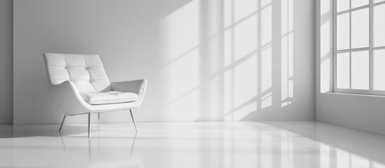 Fototapeta premium Contemporary white bedroom interior featuring an elegant armchair and spacious wall area ideal for text or artwork placement