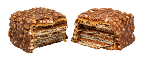 Chocolate bar broken into pieces on a white background. Waffles.Waffle bar with nuts