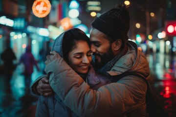 Portrait of a tender indian couple in their 30s wearing a lightweight packable anorak in front of bustling city street at night