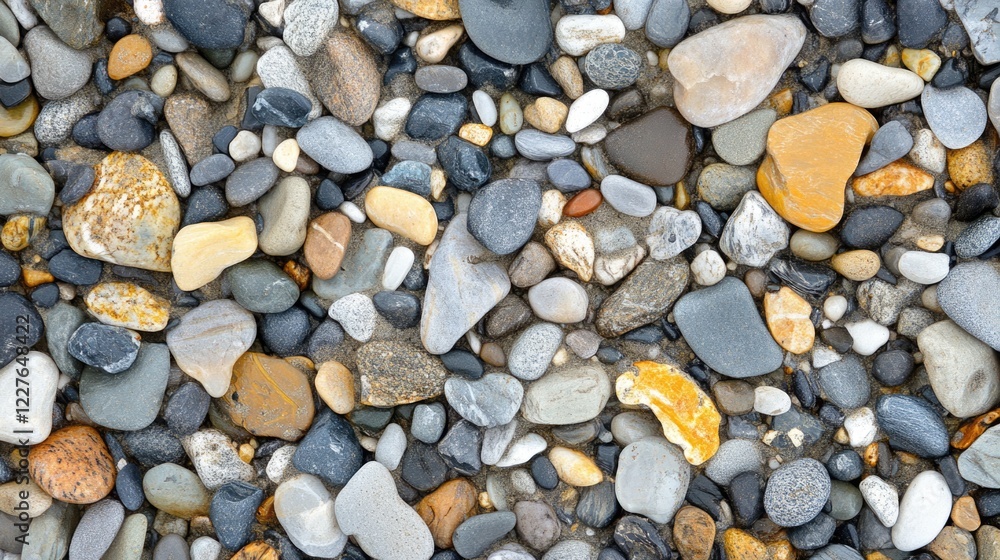 Poster colorful collection of smooth pebbles on a beach creating a natural textured background ideal for se