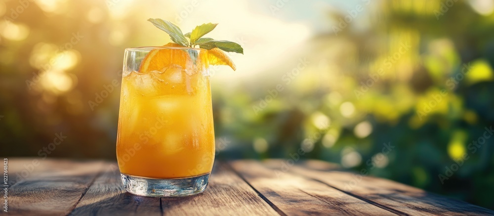 Aufkleber refreshing glass of orange juice on wooden table in a vibrant summer setting with a natural backgrou