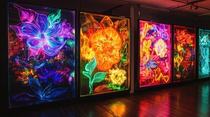 Vibrant neon glass artwork illuminating a dark space with colorful floral designs in a contemporary gallery setting