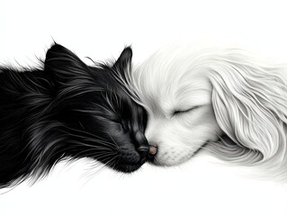 Naklejka premium a cat and dog snuggling together, heartwarming and sweet, digital realism, isolated on white background