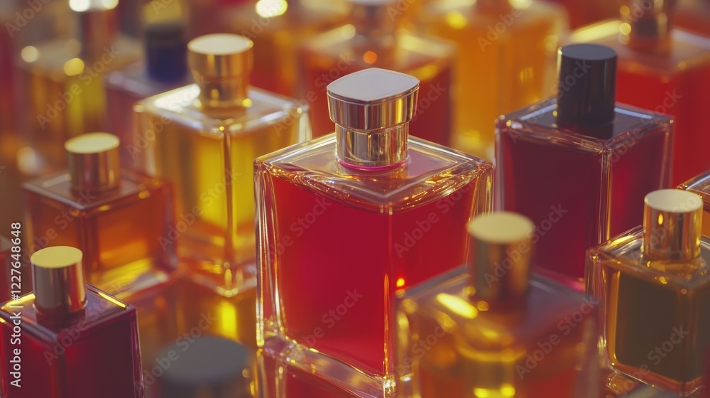 Poster colorful collection of assorted perfume bottles displayed artistically in a captivating macro shot h