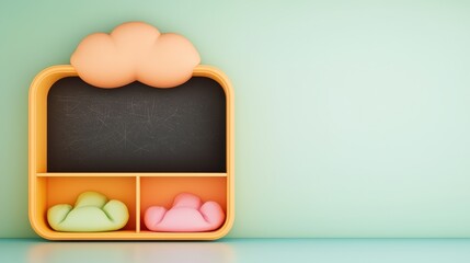 Colorful Wall Shelf with Clouds and Chalkboard Design