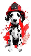 a Dalmatian puppy sitting in a firefighter s helmet, heroic and cute, digital illustration, isolated on white background