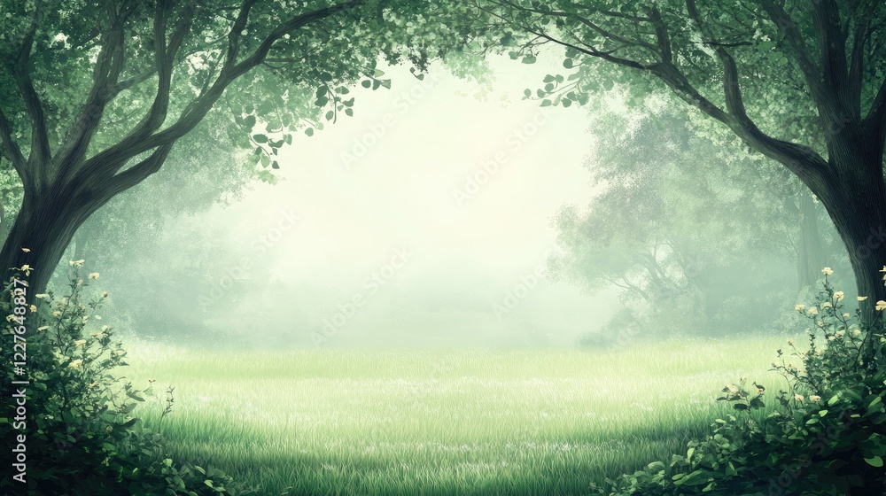 Poster serene forest landscape framed by trees capturing a tranquil and calming atmosphere with ample copy 