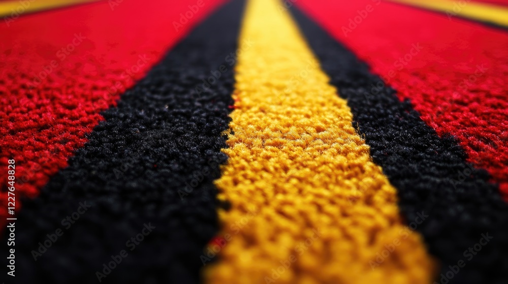 Aufkleber close up of a vibrant red carpet showcasing intricate black and yellow striped patterns creating a s