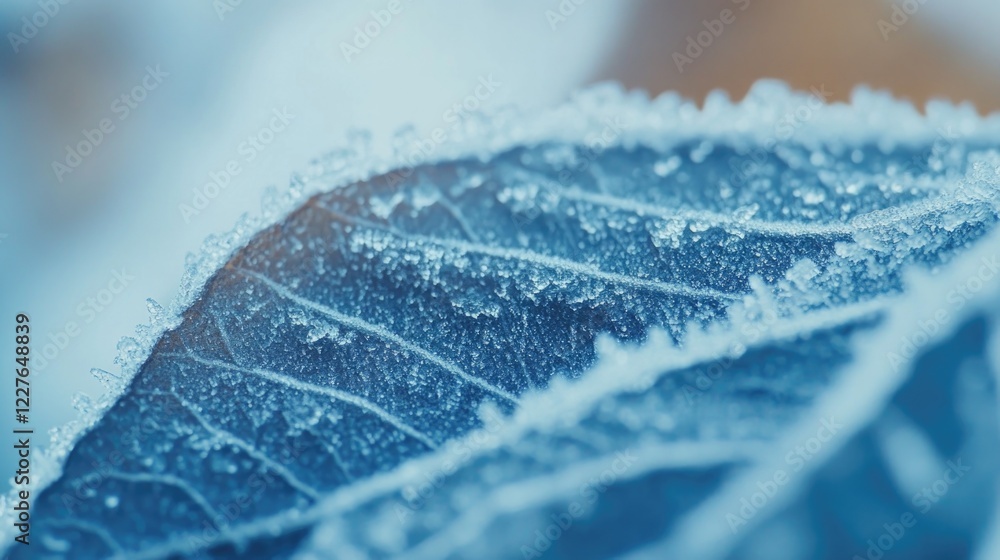 Poster frozen close-up of a snow-covered leaf showcasing intricate frost patterns and textures in a winter 