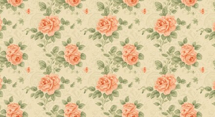 A seamless floral fabric pattern with soft pastel roses and intricate green vines on a beige background.