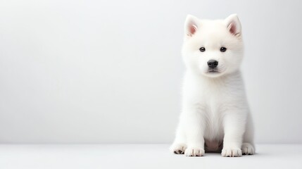 a fluffy Akita Inu puppy sitting obediently, soft pastel colors, gentle and calm, isolated on white background