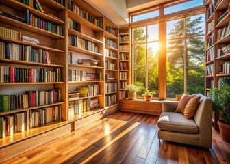 Architectural Bookshelf Interior Design, Cozy Reading Nook, Stacked Books, Wooden Shelves, Home Library