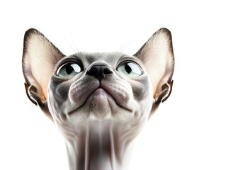 a curious Sphynx kitten looking up, futuristic scifi illustration, sleek metallic tones, isolated on white background