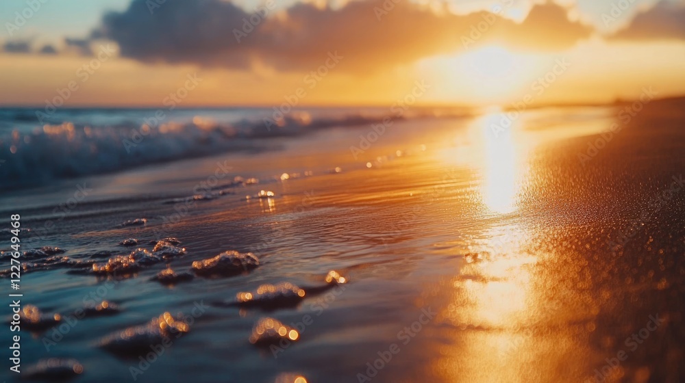 Poster serene sunset over the ocean with golden reflections on wet sand creating a tranquil coastal scene i
