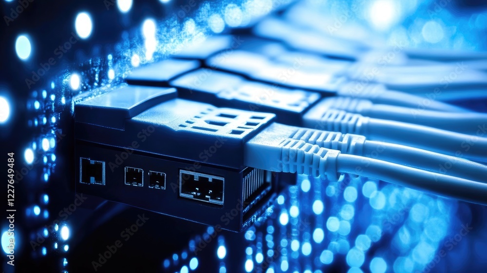 Poster network cables connected to a server with blue led lights representing internet technology and data 