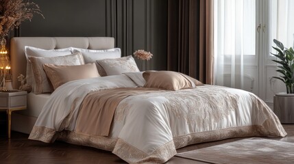 Luxurious Hotel Bedroom Setup with Elegant Bedding Plush Pillows and Modern DÃ©cor