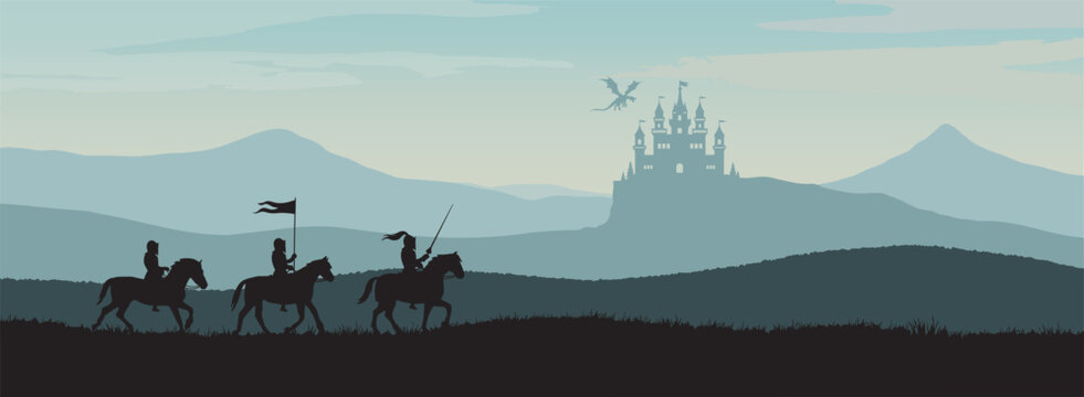 Silhouette of knights on horseback with a castle under attack by a dragon &ndash; medieval fantasy landscape vector illustration for banners, and storytelling.