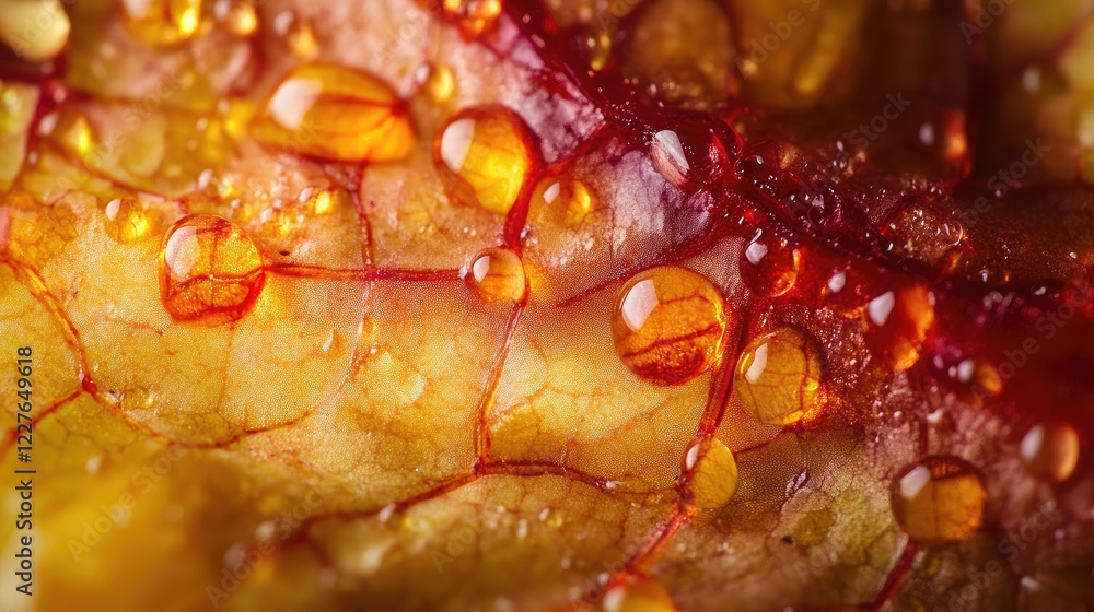 Poster macro view of water droplets on colorful leaf surface enhancing natural patterns and textures