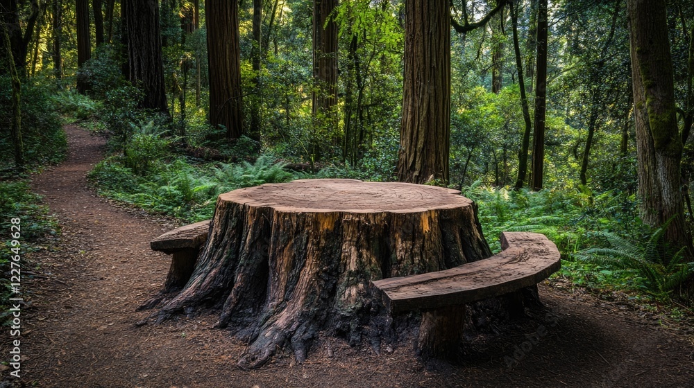 Poster tree stump in lush forest showcasing signs of logging with surrounding greenery and a pathway inviti