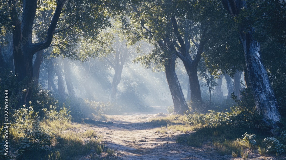 Poster misty forest scene with soft sunlight filtering through trees illuminating the clay ground creating 
