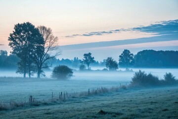 Fototapeta premium Soft focus blue mist landscape with subtle gradient and blurred trees, gentle haze, dreamy effect, blurred objects, soothing colors, calming atmosphere