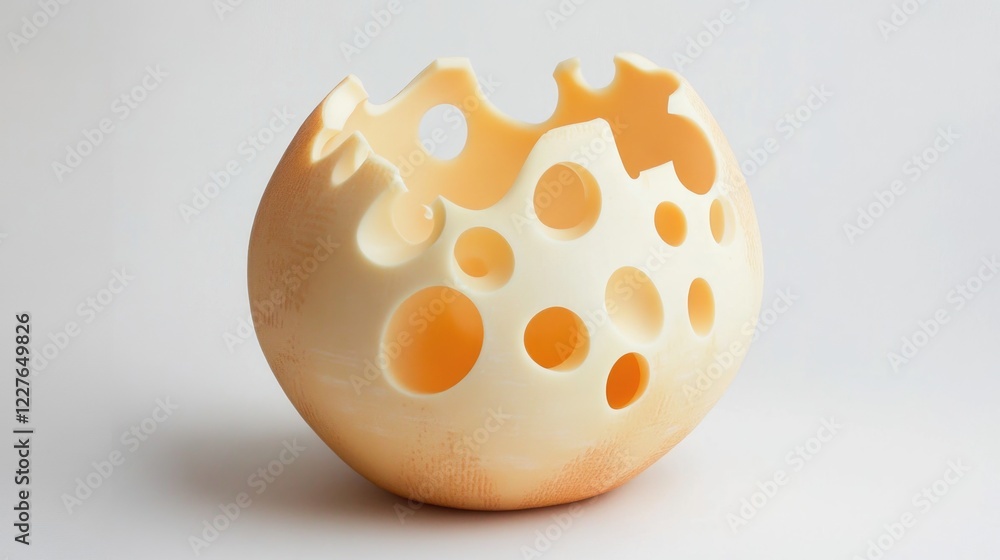 Poster Artistic representation of Swiss cheese with unique holes on a plain background showcasing creativity in food design and texture.
