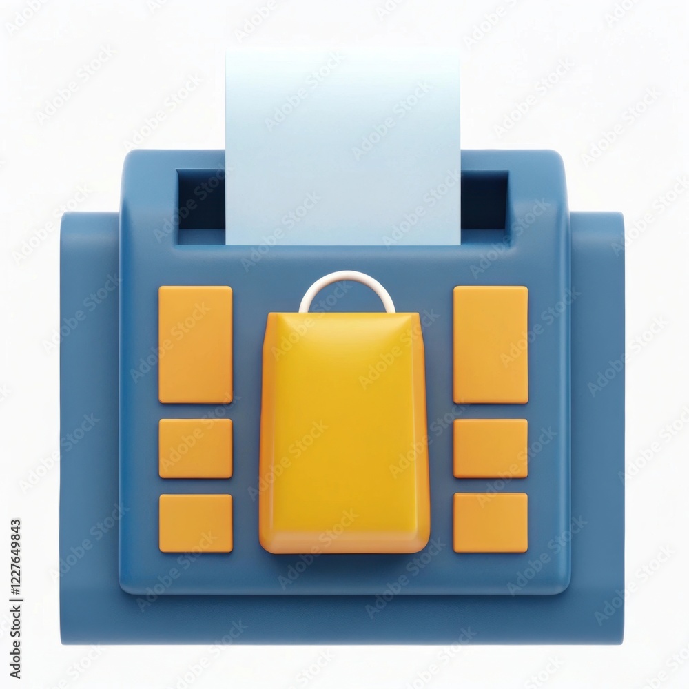 Poster a colorful toy cash register featuring a yellow keypad and a roll of paper, perfect for pretend play