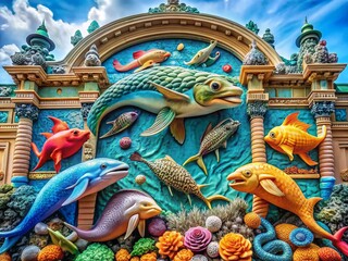 Fototapeta premium Architectural Marine Life: Ornate Building Facade with Sculpted Sea Creatures